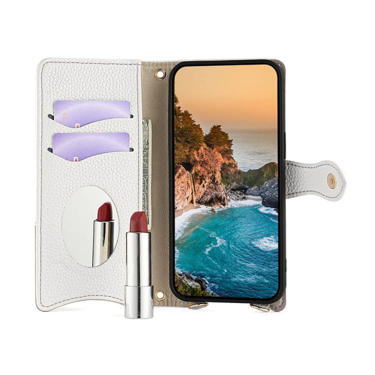 For iPhone 16e Crossbody Chain Fishtail Litchi Leather Phone Case(White) - iPhone 16e Cases by buy2fix | Online Shopping UK | buy2fix