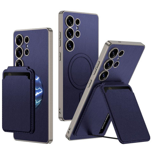 For Samsung Galaxy S25 Ultra 5G GKK Metal Paint Skin Feel Leather Crad Bag MagSafe Phone Case With Holder(Purple) - Galaxy S25 Ultra 5G Cases by GKK | Online Shopping UK | buy2fix