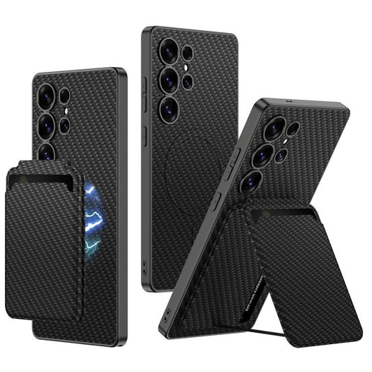 For Samsung Galaxy S25 Ultra 5G GKK Metal Paint Skin Feel Leather Crad Bag MagSafe Phone Case With Holder(Carbon Fiber Texture) - Galaxy S25 Ultra 5G Cases by GKK | Online Shopping UK | buy2fix
