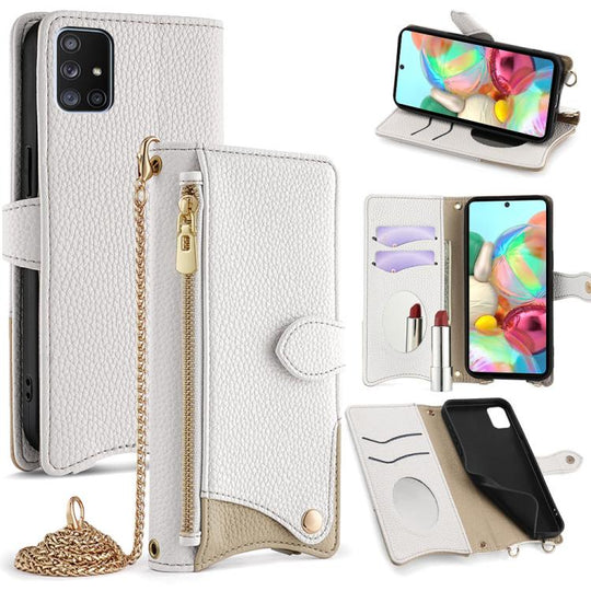 For Samsung Galaxy A71 5G Crossbody Chain Fishtail Litchi Leather Phone Case(White)