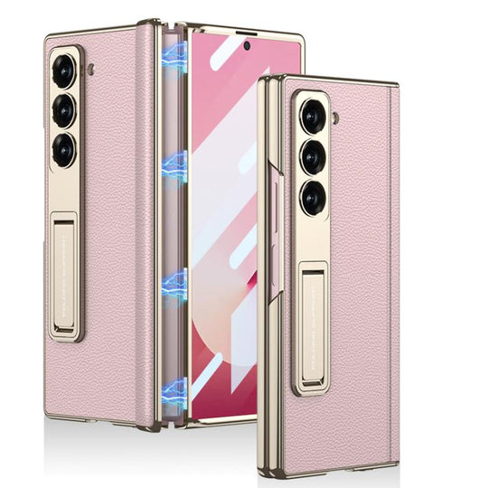 For Samsung Galaxy Z Fold6 GKK Integrated Magnetic Phantom Leather Hinge Phone Case with Holder(Pink)