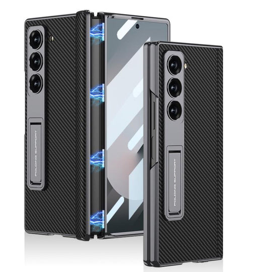 For Samsung Galaxy Z Fold6 GKK Integrated Magnetic Phantom Leather Hinge Phone Case with Holder(Carbon Fibre)