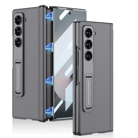 For Samsung Galaxy Z Fold6 GKK Integrated Magnetic Phantom Leather Hinge Phone Case with Holder(Mountain Gray)