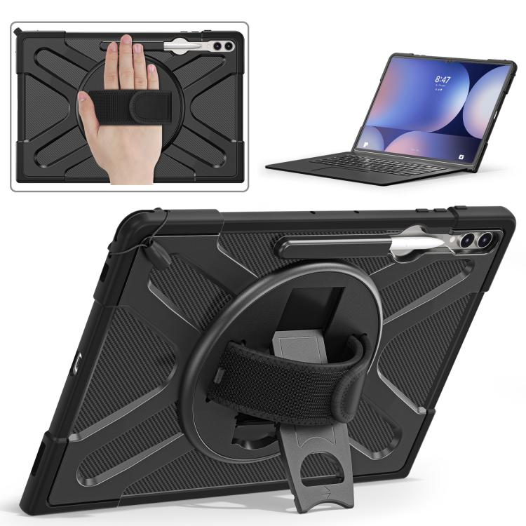 For Samsung Galaxy Tab S10 Ultra / S9 Ultra Rotatable Kickstand Grip Silicone Hybrid PC Tablet Case(Black) - Tab S10 Ultra Cases by buy2fix | Online Shopping UK | buy2fix
