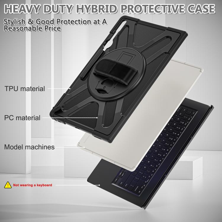 For Samsung Galaxy Tab S10 Ultra / S9 Ultra Rotatable Kickstand Grip Silicone Hybrid PC Tablet Case(Black) - Tab S10 Ultra Cases by buy2fix | Online Shopping UK | buy2fix