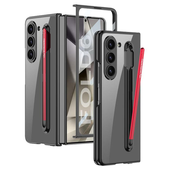 For Samsung Galaxy Z Fold6 GKK Integrated PC Phone Case with Pen Slot, Include Pen(Black+Red)