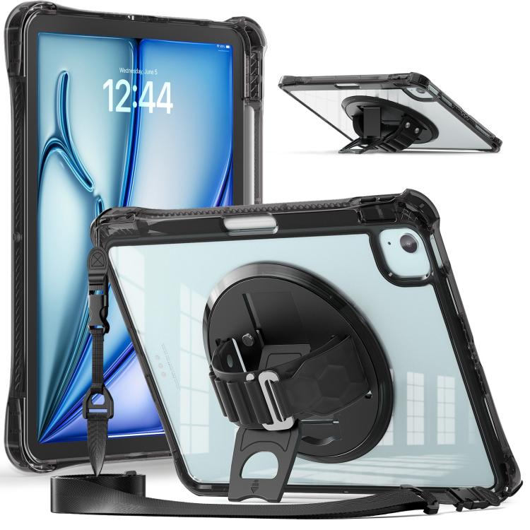 For iPad Air 11 2025 / 2024 / Pro 11 2022 Rotation Grip Holder TPU Hybrid Clear PC Tablet Case(Black) - iPad Air 11 2025 / 2024 Cases by buy2fix | Online Shopping UK | buy2fix