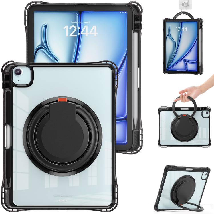 For iPad Air 13 2024 / 2025 Rotation Ring Handle TPU Hybrid Clear PC Tablet Case(Black) - iPad Air 13 2025 / 2024 Cases by buy2fix | Online Shopping UK | buy2fix
