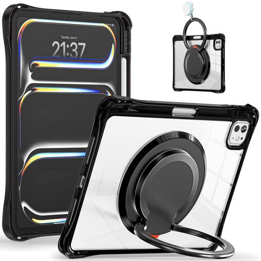 For iPad Pro 11 2024 Rotation Ring Handle TPU Hybrid Clear PC Tablet Case(Black) - iPad Pro 11 2024 Cases by buy2fix | Online Shopping UK | buy2fix
