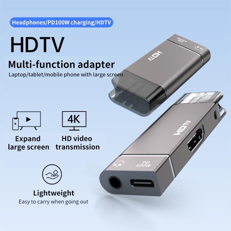 USB-C / Type-C to HDTV, 3.5mm, PD 100W 3 in 1 Multi-function Converter Docking Station(Grey) - USB HUB by buy2fix | Online Shopping UK | buy2fix