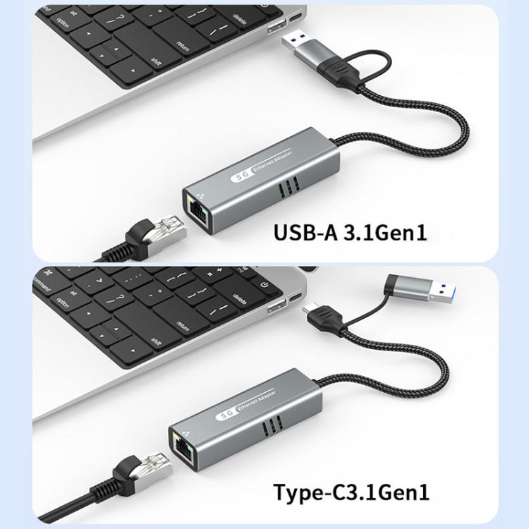 USB-C / Type-C and USB3.0 to RJ45 5G Gigabit Wired Ethernet Network Adapter(Grey) - USB Network Adapter by buy2fix | Online Shopping UK | buy2fix