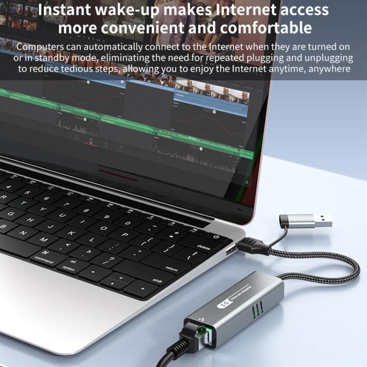 USB-C / Type-C and USB3.0 to RJ45 5G Gigabit Wired Ethernet Network Adapter(Grey) - USB Network Adapter by buy2fix | Online Shopping UK | buy2fix
