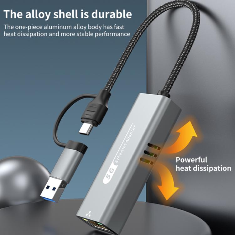 USB-C / Type-C and USB3.0 to RJ45 5G Gigabit Wired Ethernet Network Adapter(Grey) - USB Network Adapter by buy2fix | Online Shopping UK | buy2fix