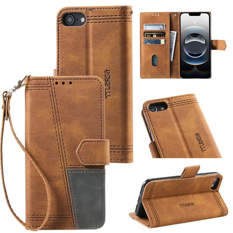 For iPhone 16e TTUDRCH Embossed Line Splicing Leather Phone Case(Brown) - iPhone 16e Cases by buy2fix | Online Shopping UK | buy2fix