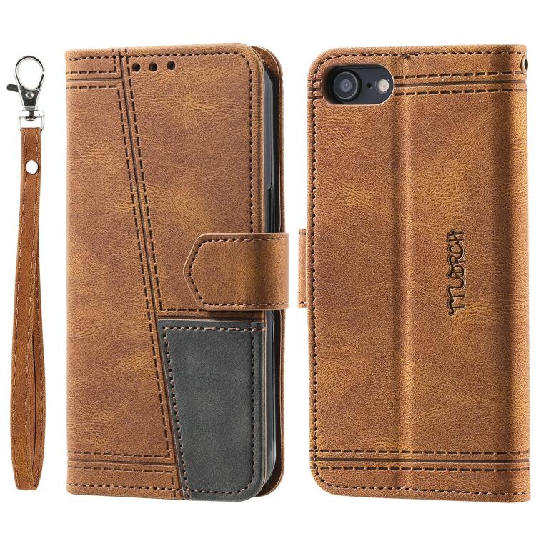 For iPhone 16e TTUDRCH Embossed Line Splicing Leather Phone Case(Brown) - iPhone 16e Cases by buy2fix | Online Shopping UK | buy2fix