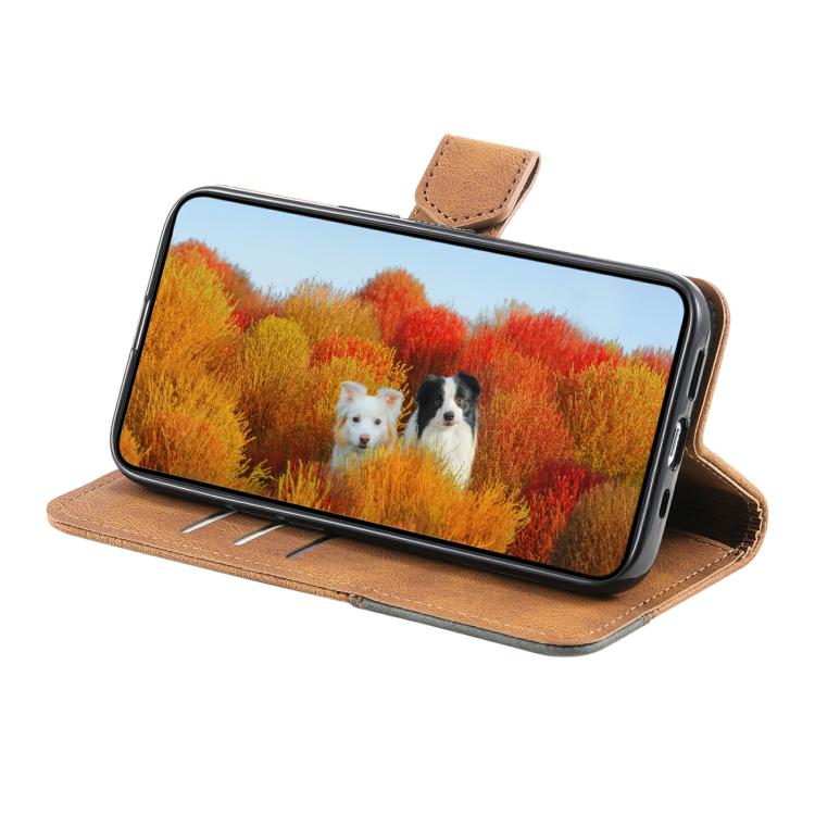 For iPhone 16e TTUDRCH Embossed Line Splicing Leather Phone Case(Brown) - iPhone 16e Cases by buy2fix | Online Shopping UK | buy2fix