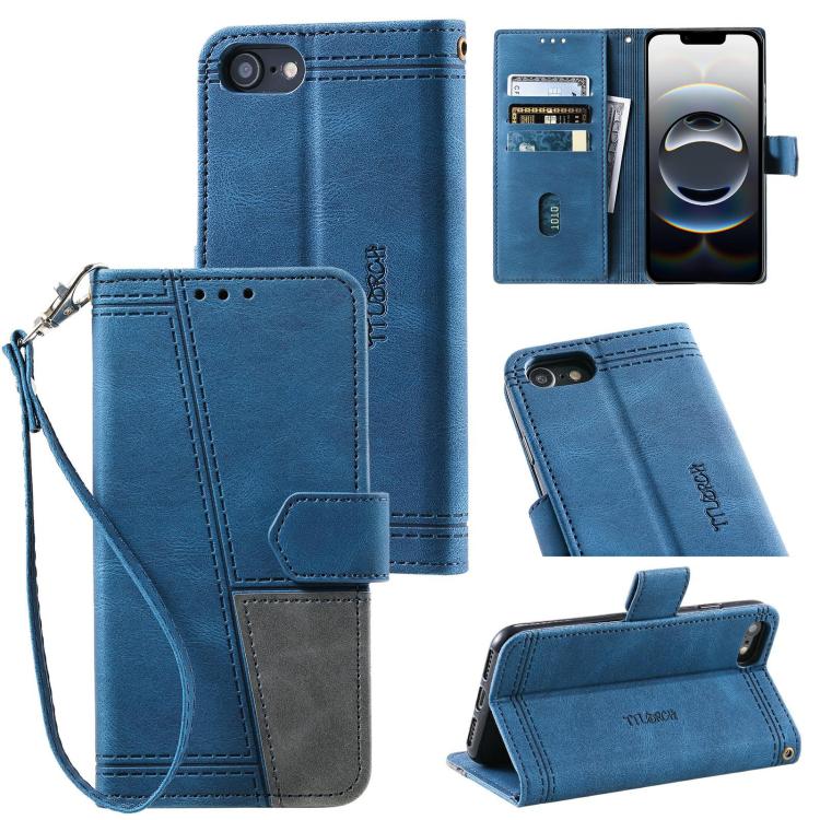 For iPhone 16e TTUDRCH Embossed Line Splicing Leather Phone Case(Blue) - iPhone 16e Cases by buy2fix | Online Shopping UK | buy2fix