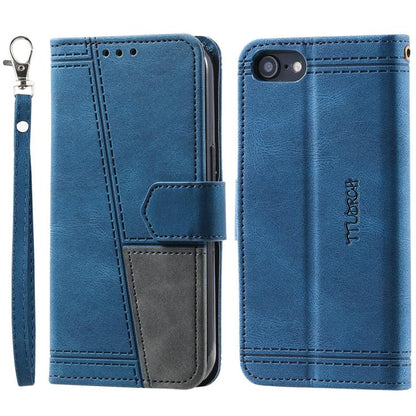 For iPhone 16e TTUDRCH Embossed Line Splicing Leather Phone Case(Blue) - iPhone 16e Cases by buy2fix | Online Shopping UK | buy2fix