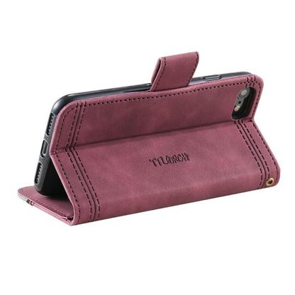 For iPhone 16e TTUDRCH Embossed Line Splicing Leather Phone Case(Wine Red) - iPhone 16e Cases by buy2fix | Online Shopping UK | buy2fix