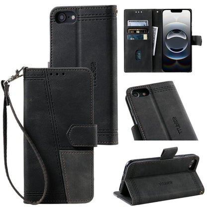 For iPhone 16e TTUDRCH Embossed Line Splicing Leather Phone Case(Black) - iPhone 16e Cases by buy2fix | Online Shopping UK | buy2fix