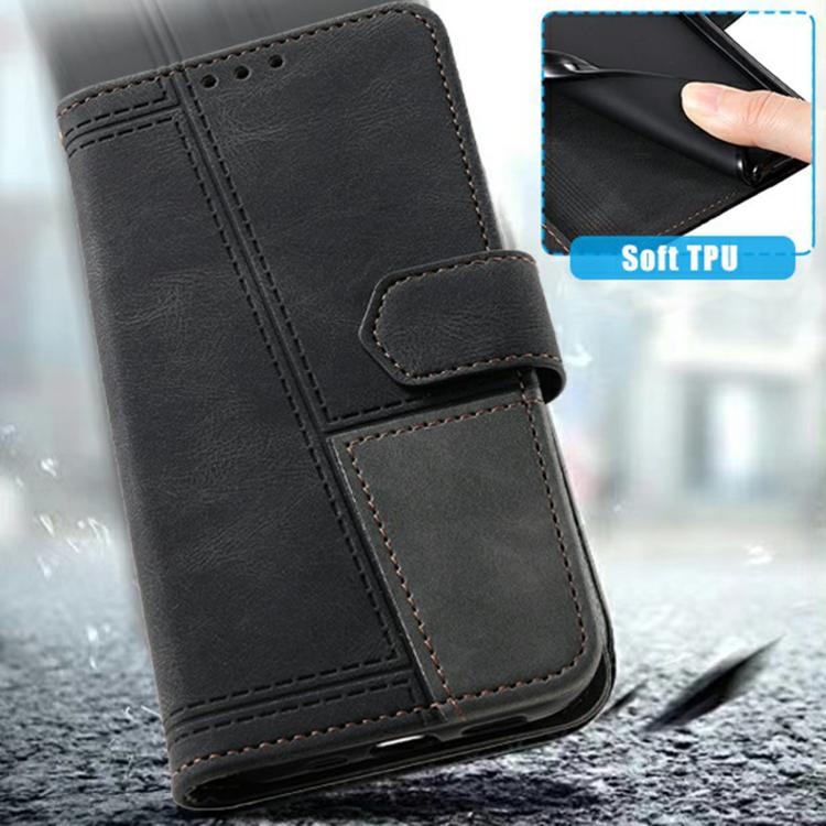 For iPhone 16e TTUDRCH Embossed Line Splicing Leather Phone Case(Black) - iPhone 16e Cases by buy2fix | Online Shopping UK | buy2fix
