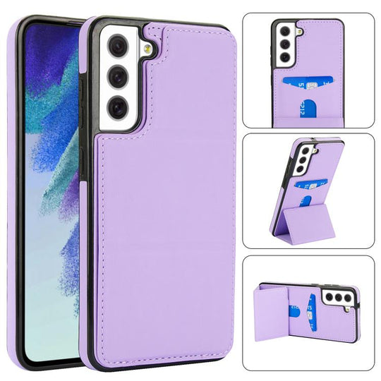 For Samsung Galaxy S21 FE 5G Tri-fold Holder Leather Phone Case with Card Slot(Light Purple)
