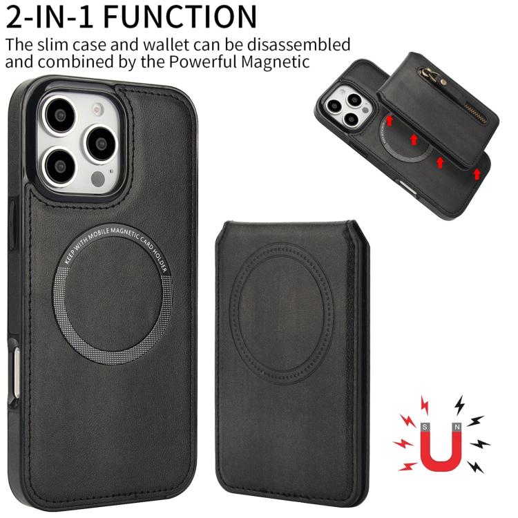 For iPhone 16 Pro Max Zipper Wallet Split MagSafe Leather Back Phone Case(Black) - iPhone 16 Pro Max Cases by buy2fix | Online Shopping UK | buy2fix
