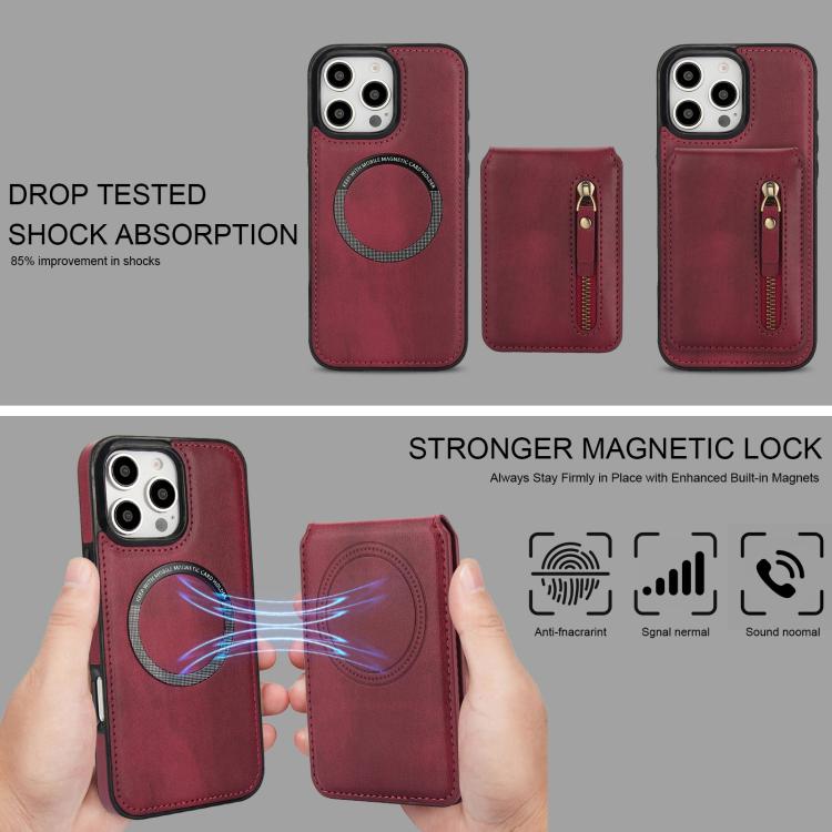 For iPhone 16 Pro Max Zipper Wallet Split MagSafe Leather Back Phone Case(Red) - iPhone 16 Pro Max Cases by buy2fix | Online Shopping UK | buy2fix