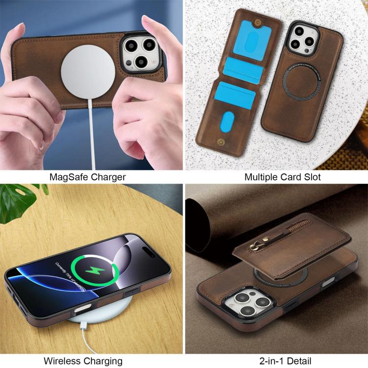 For iPhone 16 Pro Max Zipper Wallet Split MagSafe Leather Back Phone Case(Brown) - iPhone 16 Pro Max Cases by buy2fix | Online Shopping UK | buy2fix