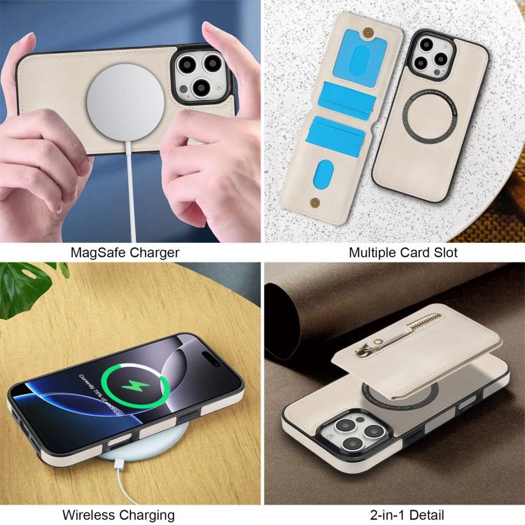 For iPhone 16 Pro Zipper Wallet Split MagSafe Leather Back Phone Case(White) - iPhone 16 Pro Cases by buy2fix | Online Shopping UK | buy2fix