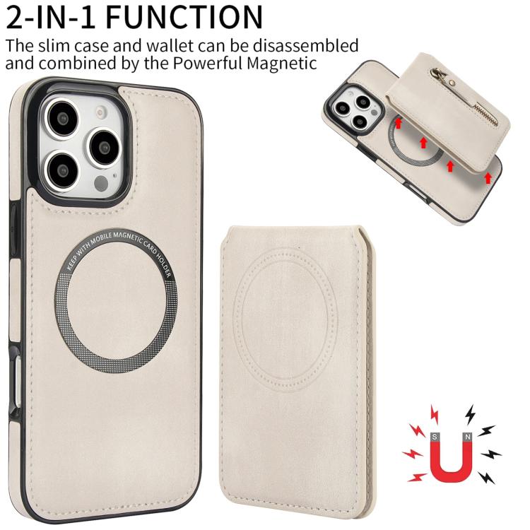 For iPhone 16 Pro Zipper Wallet Split MagSafe Leather Back Phone Case(White) - iPhone 16 Pro Cases by buy2fix | Online Shopping UK | buy2fix