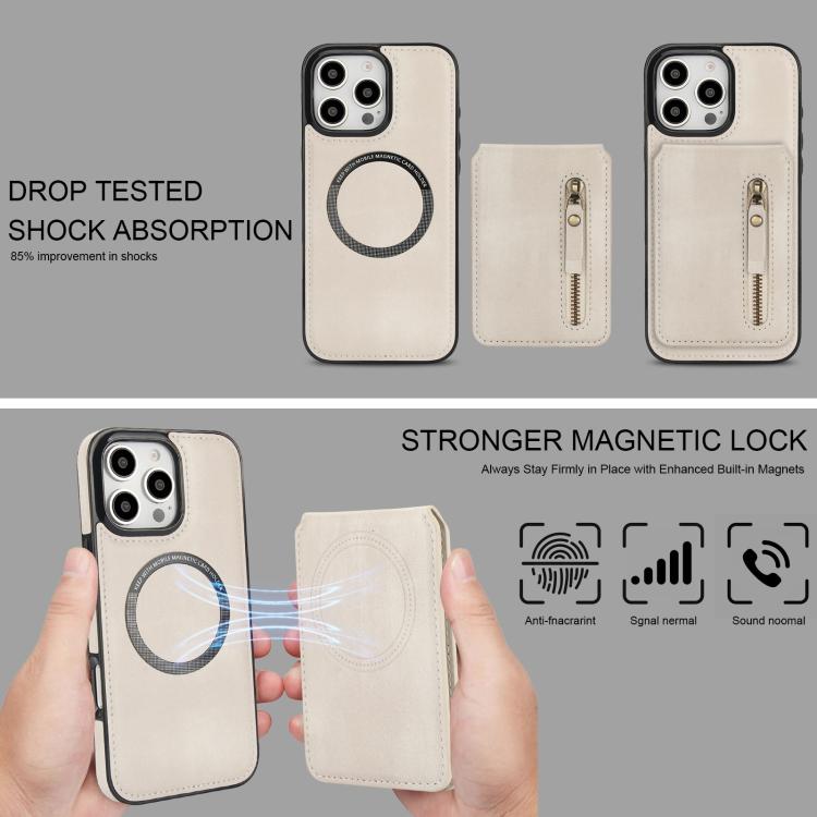 For iPhone 16 Pro Zipper Wallet Split MagSafe Leather Back Phone Case(White) - iPhone 16 Pro Cases by buy2fix | Online Shopping UK | buy2fix