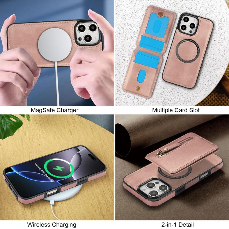 For iPhone 16 Pro Zipper Wallet Split MagSafe Leather Back Phone Case(Rose Gold) - iPhone 16 Pro Cases by buy2fix | Online Shopping UK | buy2fix
