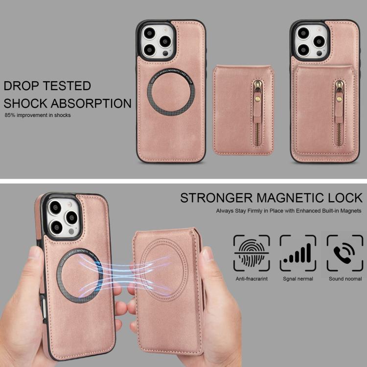 For iPhone 16 Pro Zipper Wallet Split MagSafe Leather Back Phone Case(Rose Gold) - iPhone 16 Pro Cases by buy2fix | Online Shopping UK | buy2fix