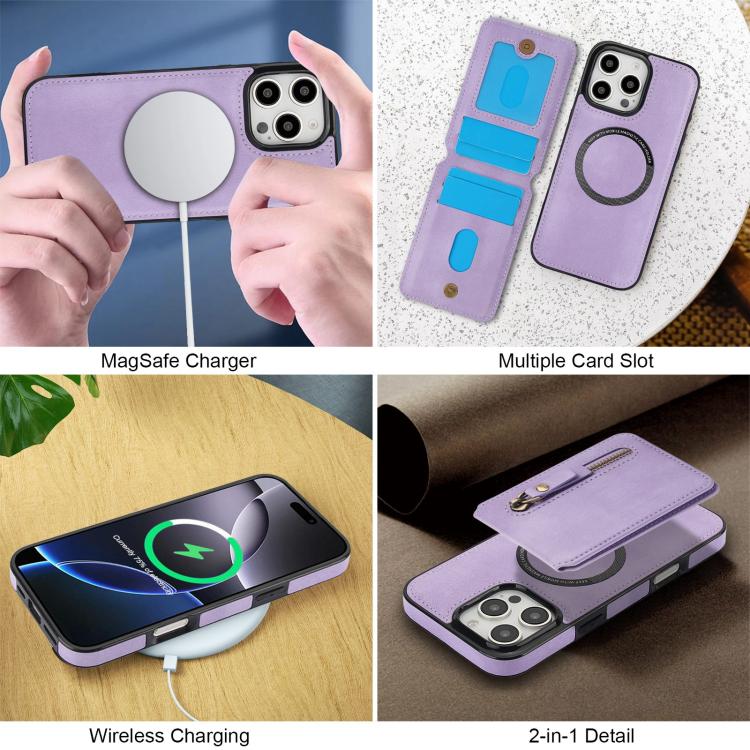 For iPhone 16 Pro Zipper Wallet Split MagSafe Leather Back Phone Case(Purple) - iPhone 16 Pro Cases by buy2fix | Online Shopping UK | buy2fix