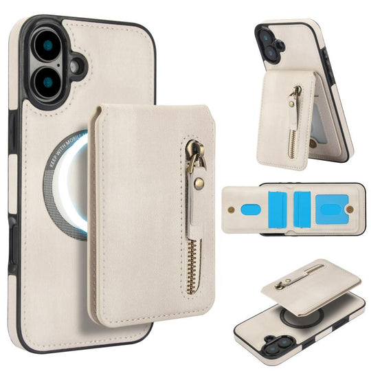 For iPhone 16 Plus Zipper Wallet Split MagSafe Leather Back Phone Case(White)