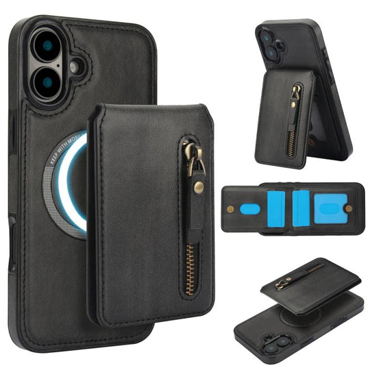 For iPhone 16 Plus Zipper Wallet Split MagSafe Leather Back Phone Case(Black)