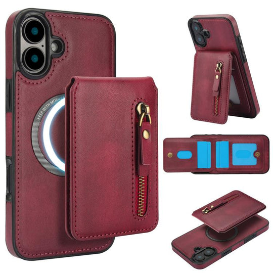 For iPhone 16 Plus Zipper Wallet Split MagSafe Leather Back Phone Case(Red)