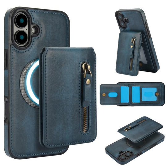 For iPhone 16 Plus Zipper Wallet Split MagSafe Leather Back Phone Case(Blue)