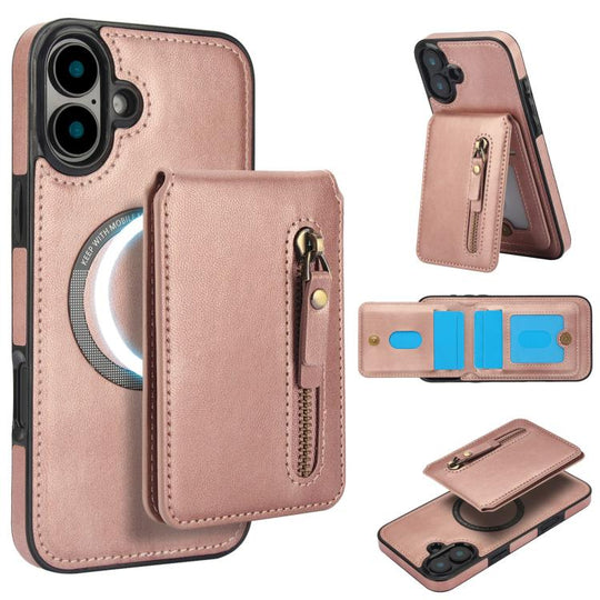 For iPhone 16 Plus Zipper Wallet Split MagSafe Leather Back Phone Case(Rose Gold)