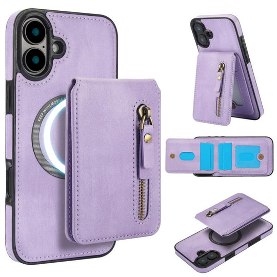 For iPhone 16 Plus Zipper Wallet Split MagSafe Leather Back Phone Case(Purple)