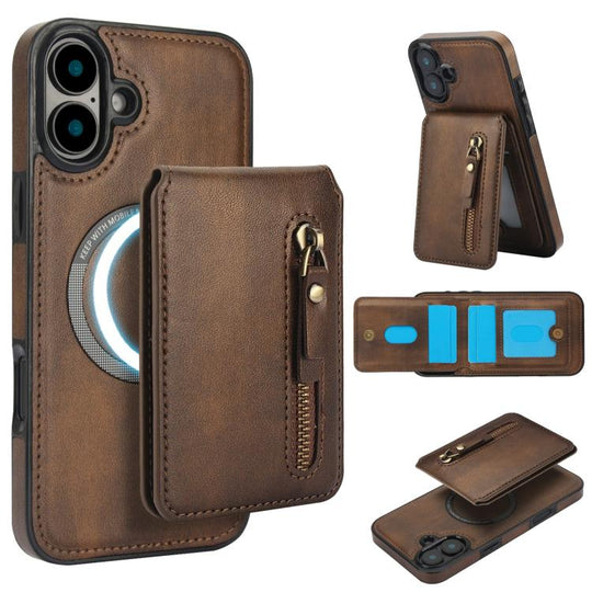 For iPhone 16 Plus Zipper Wallet Split MagSafe Leather Back Phone Case(Brown)