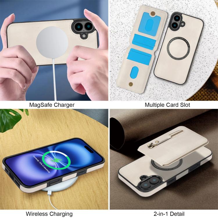 For iPhone 16 Zipper Wallet Split MagSafe Leather Back Phone Case(White) - iPhone 16 Cases by buy2fix | Online Shopping UK | buy2fix