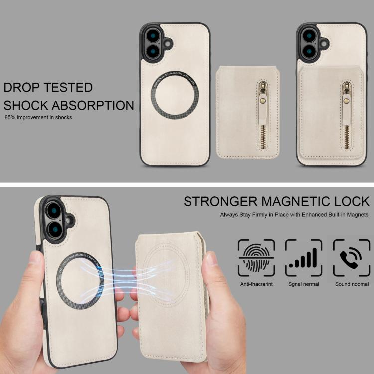 For iPhone 16 Zipper Wallet Split MagSafe Leather Back Phone Case(White) - iPhone 16 Cases by buy2fix | Online Shopping UK | buy2fix