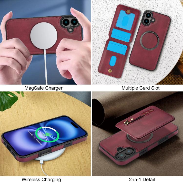 For iPhone 16 Zipper Wallet Split MagSafe Leather Back Phone Case(Red) - iPhone 16 Cases by buy2fix | Online Shopping UK | buy2fix
