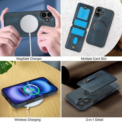 For iPhone 16 Zipper Wallet Split MagSafe Leather Back Phone Case(Blue) - iPhone 16 Cases by buy2fix | Online Shopping UK | buy2fix