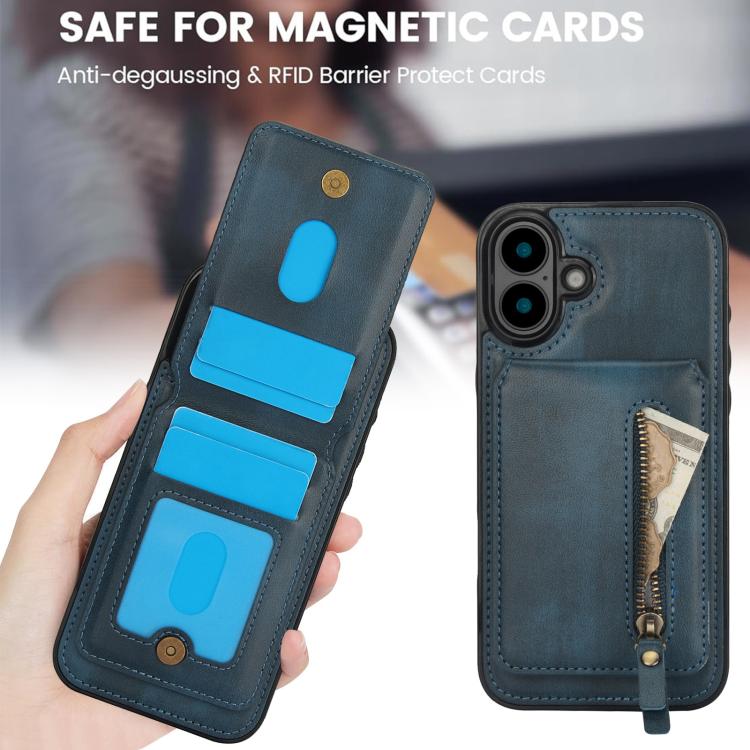 For iPhone 16 Zipper Wallet Split MagSafe Leather Back Phone Case(Blue) - iPhone 16 Cases by buy2fix | Online Shopping UK | buy2fix