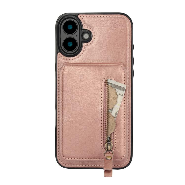 For iPhone 16 Zipper Wallet Split MagSafe Leather Back Phone Case(Rose Gold) - iPhone 16 Cases by buy2fix | Online Shopping UK | buy2fix