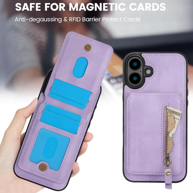 For iPhone 16 Zipper Wallet Split MagSafe Leather Back Phone Case(Purple) - iPhone 16 Cases by buy2fix | Online Shopping UK | buy2fix