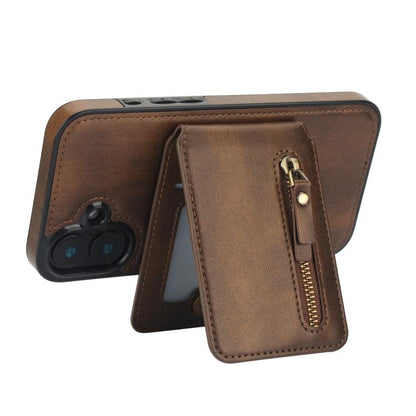 For iPhone 16 Zipper Wallet Split MagSafe Leather Back Phone Case(Brown) - iPhone 16 Cases by buy2fix | Online Shopping UK | buy2fix